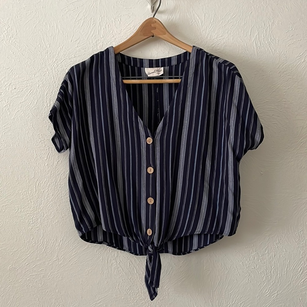 Navy Blue Striped V Neck Blouse